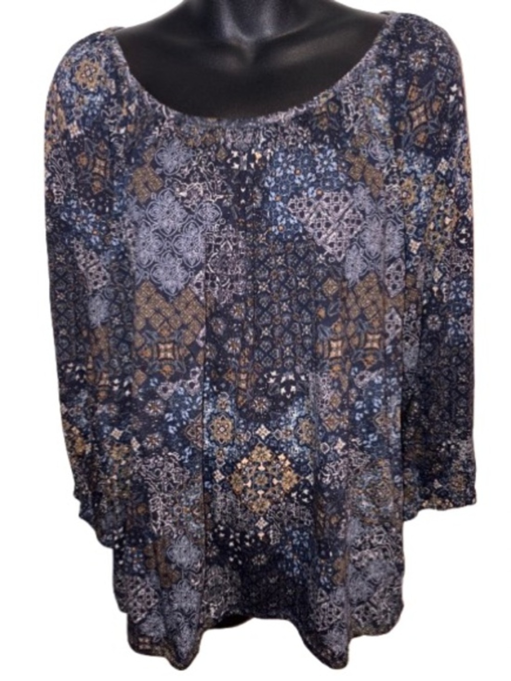 Michael Kors Navy and Tan Patterned Peasant Tunic size XL